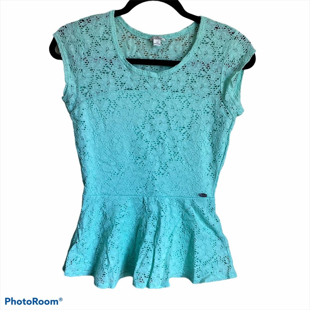 GUESS WOMENS GREEN LACE ROUND NECK TOP SIZE S